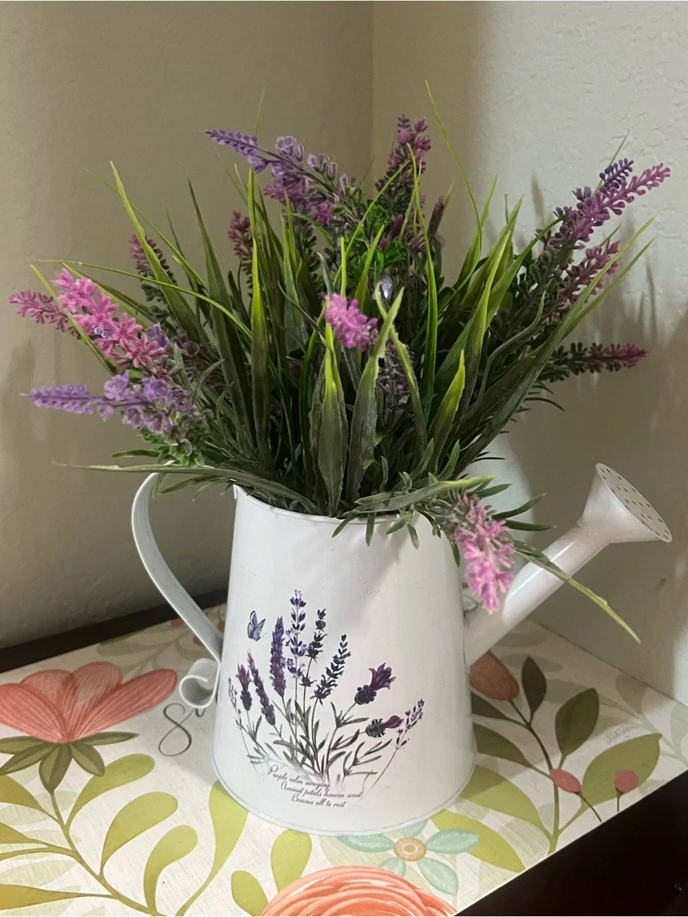 White Lavender Watering Can Vase with Purple Floral Spray - Home Accents#YC